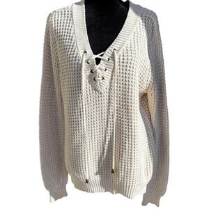 Alya women’s size medium sweater with V-neck and tie laces